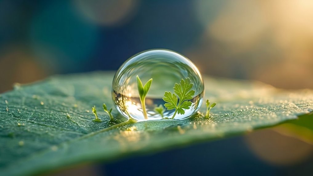 A clear water droplet on a green leaf, with tiny green shoots growing inside and beside it.