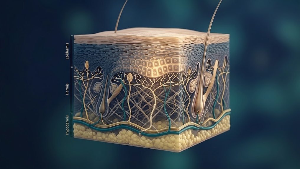 A cross-section of human skin showing its three layers, with nerve fibres branching up into them.