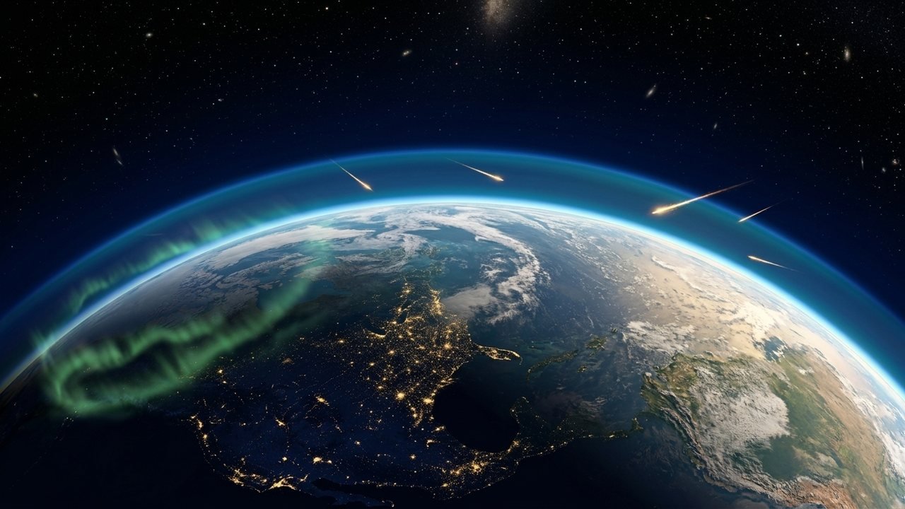 Earth from space with the thin blue atmosphere glowing along its rim, meteors streaking above it and green aurora near the pole.