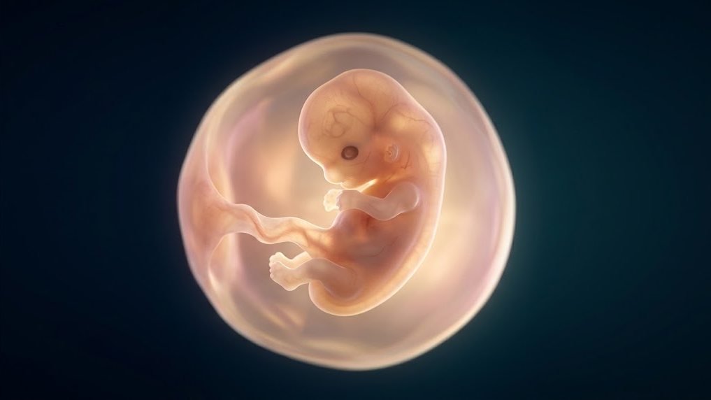 An early human embryo curled inside a softly glowing sac.